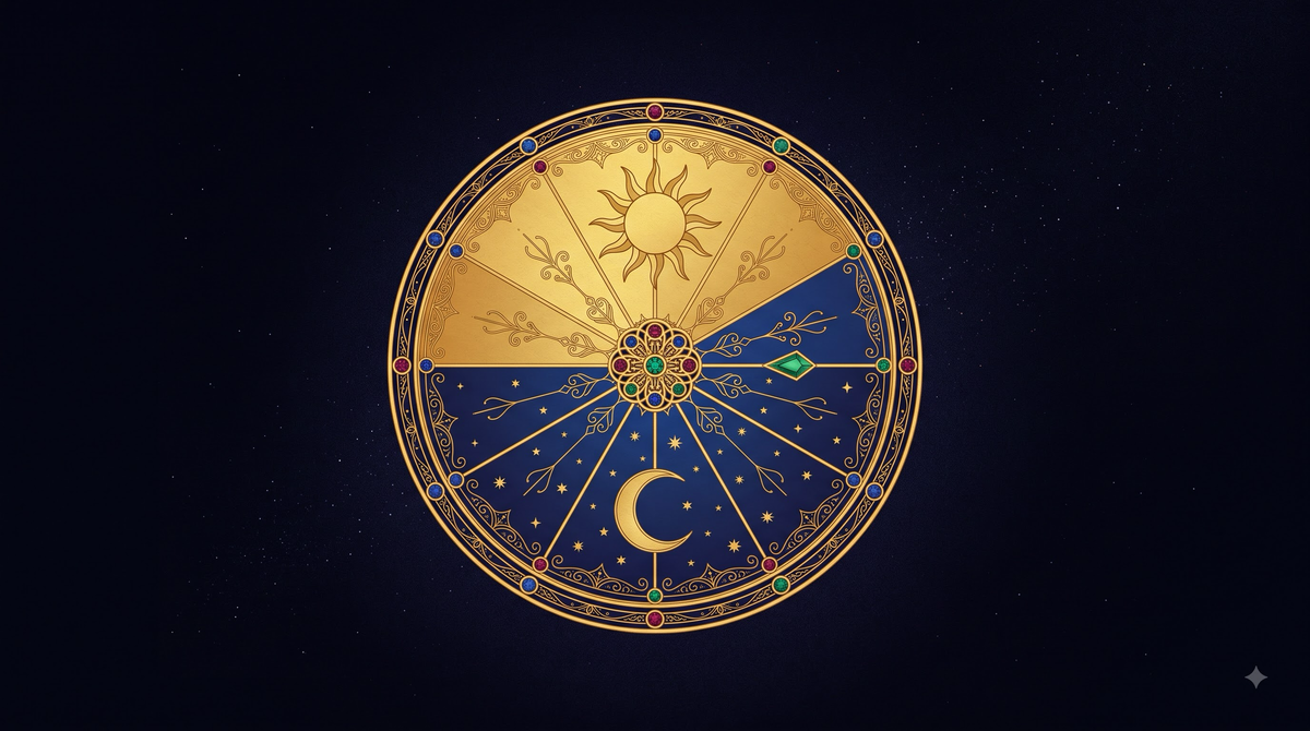 A gold and sapphire day-night cycle disc divided into eight segments