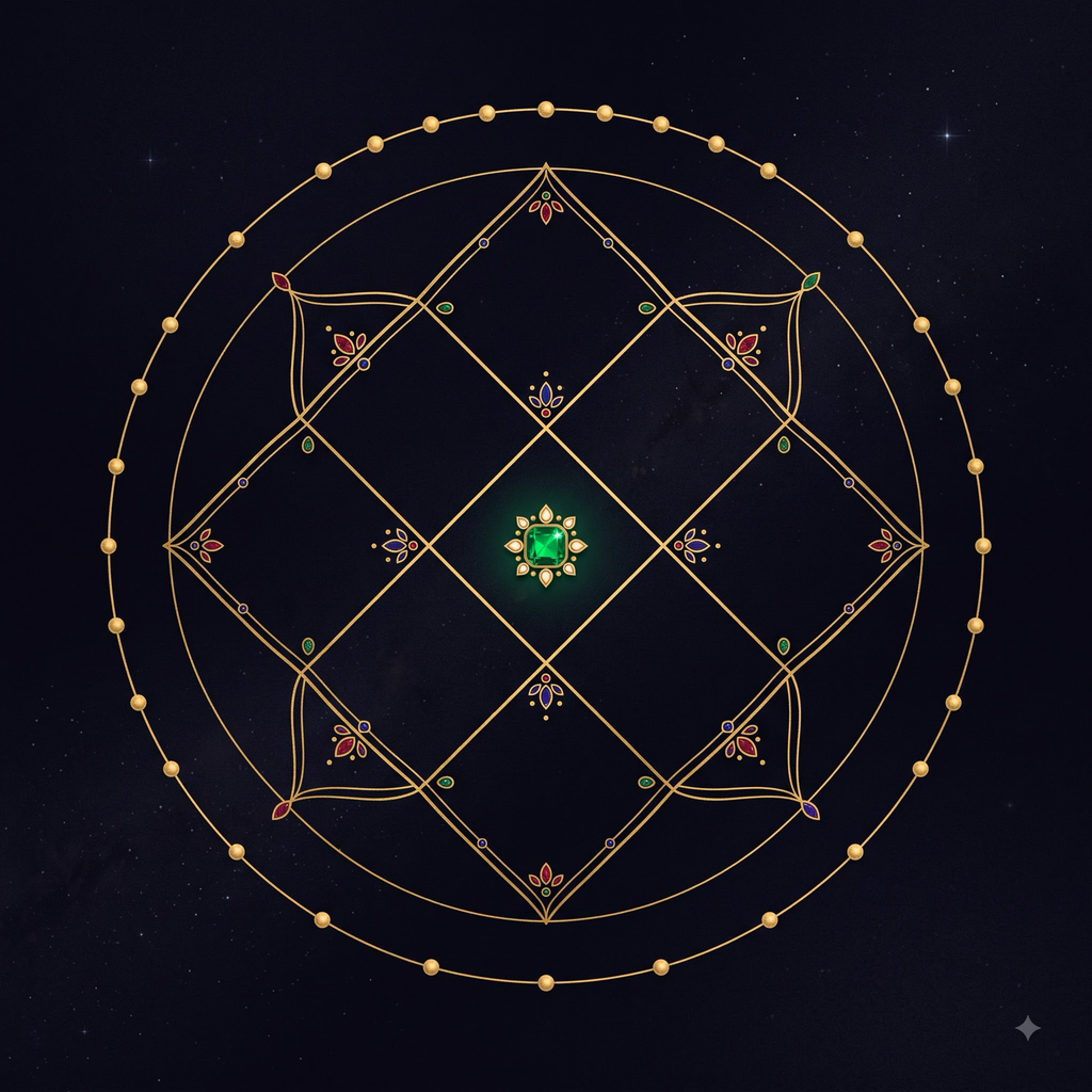 A kundli birth-chart mandala drawn in fine gold lines with an emerald ascendant