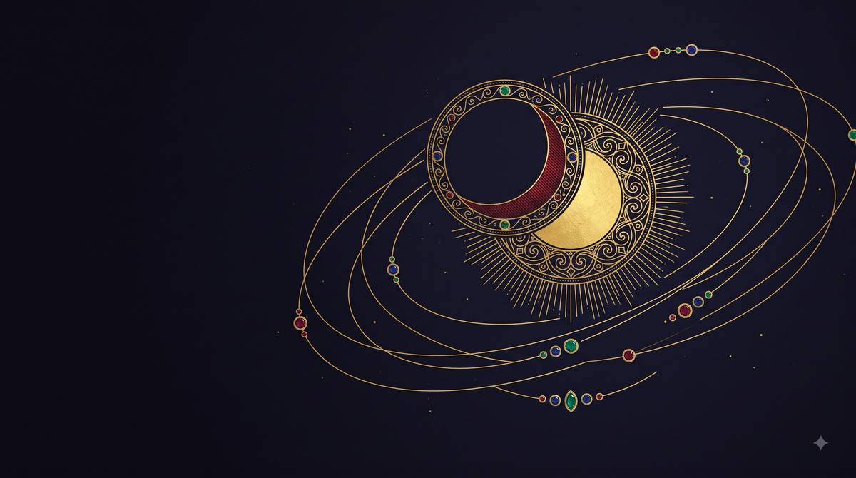 A dark disc sliding across a gold sun — the eclipse motif of Rahu Kaal